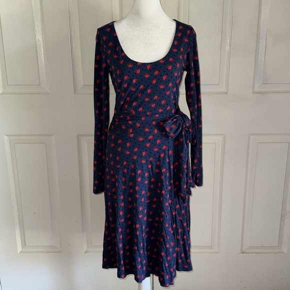Boden Navy And Red Jersey Knit Long Sleeve Faux Wrap Silvia Scoop Neck Dress - Picture 2 of 7